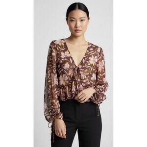 WAYF Pink Floral Sheer Ruffle Blouse‎ Womens Size L Brown Pink Cropped Boho New